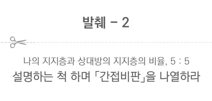 863d378af2f22a9b46b37a2030b2c2ee_1657861034_762.png 발췌2 나의 지지층과 상대방의 지지층의 비율 5:5 설명하는 척 하며 간접비판을 나열하라