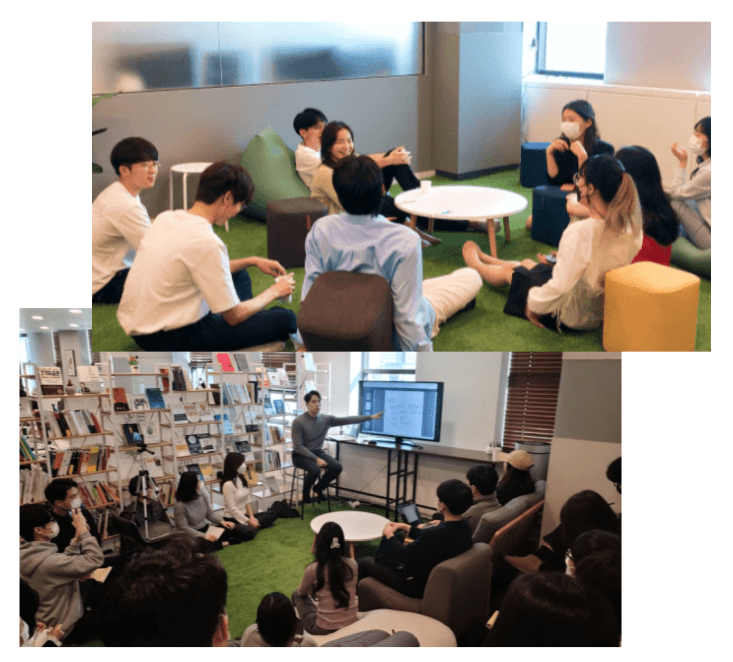 직원들이 회의하는 사진